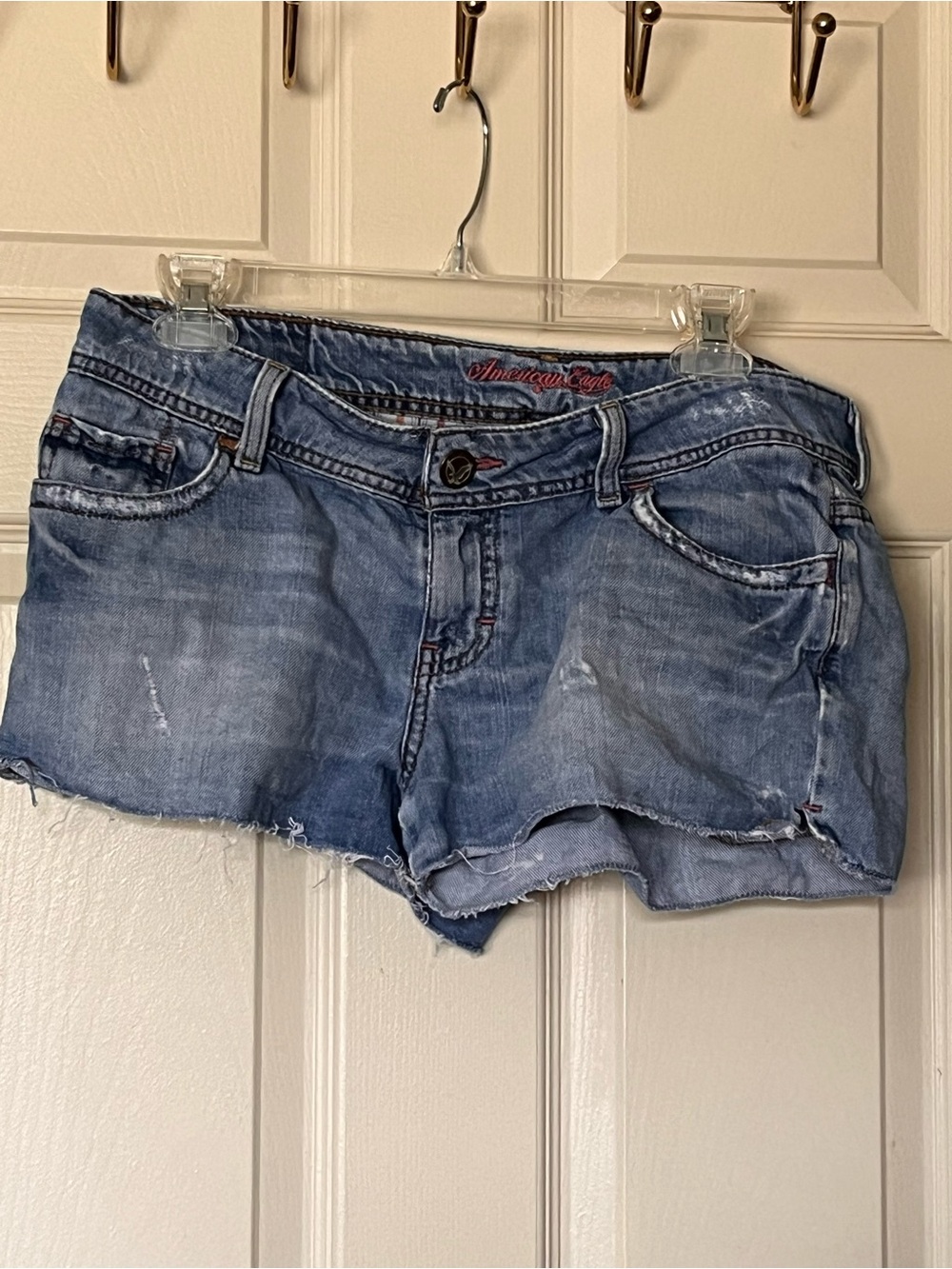 Y2K American Eagle Outfitters Size 10 Blue Distressed Denim Rhinestone Shorts